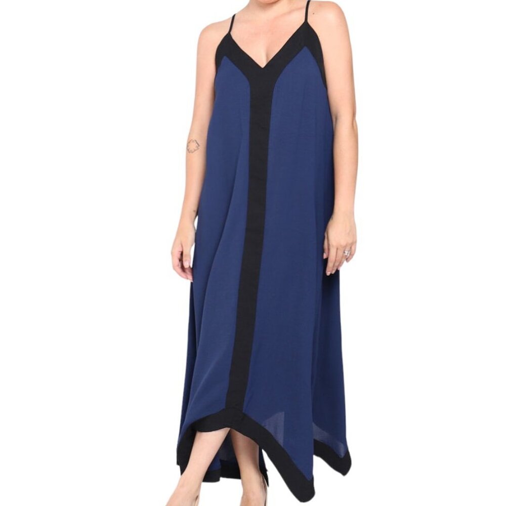“Le Muse" Women Boho Long Summer Dress Vneck Spaguetti Strap Flowy Blue